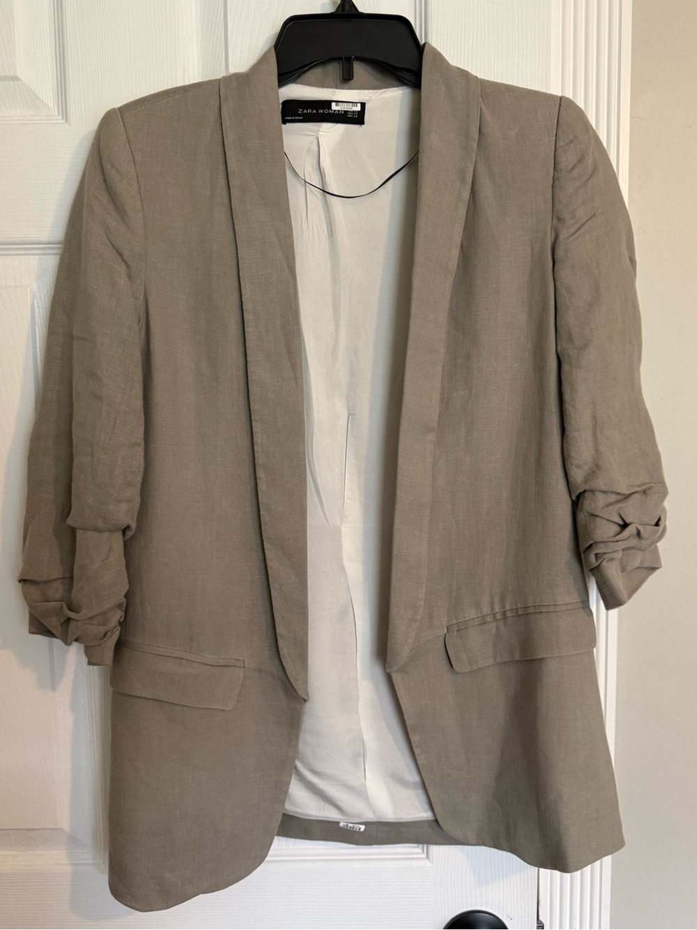 Zara Taupe Open-Front Blazer with Ruched 3/4 Sleeves